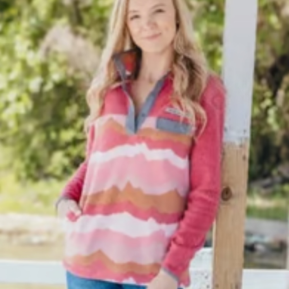 Simply Southern 1/2 Snap Abstract Print Fleece Pullover w Hand-warmer Pockets Lg